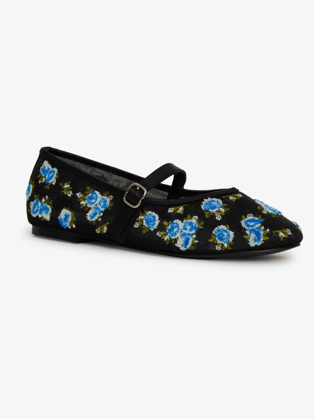 For Love And Lemons Evelyne Embroidered Mary Jane Flats with Blue Roses - Picture 7 of 11